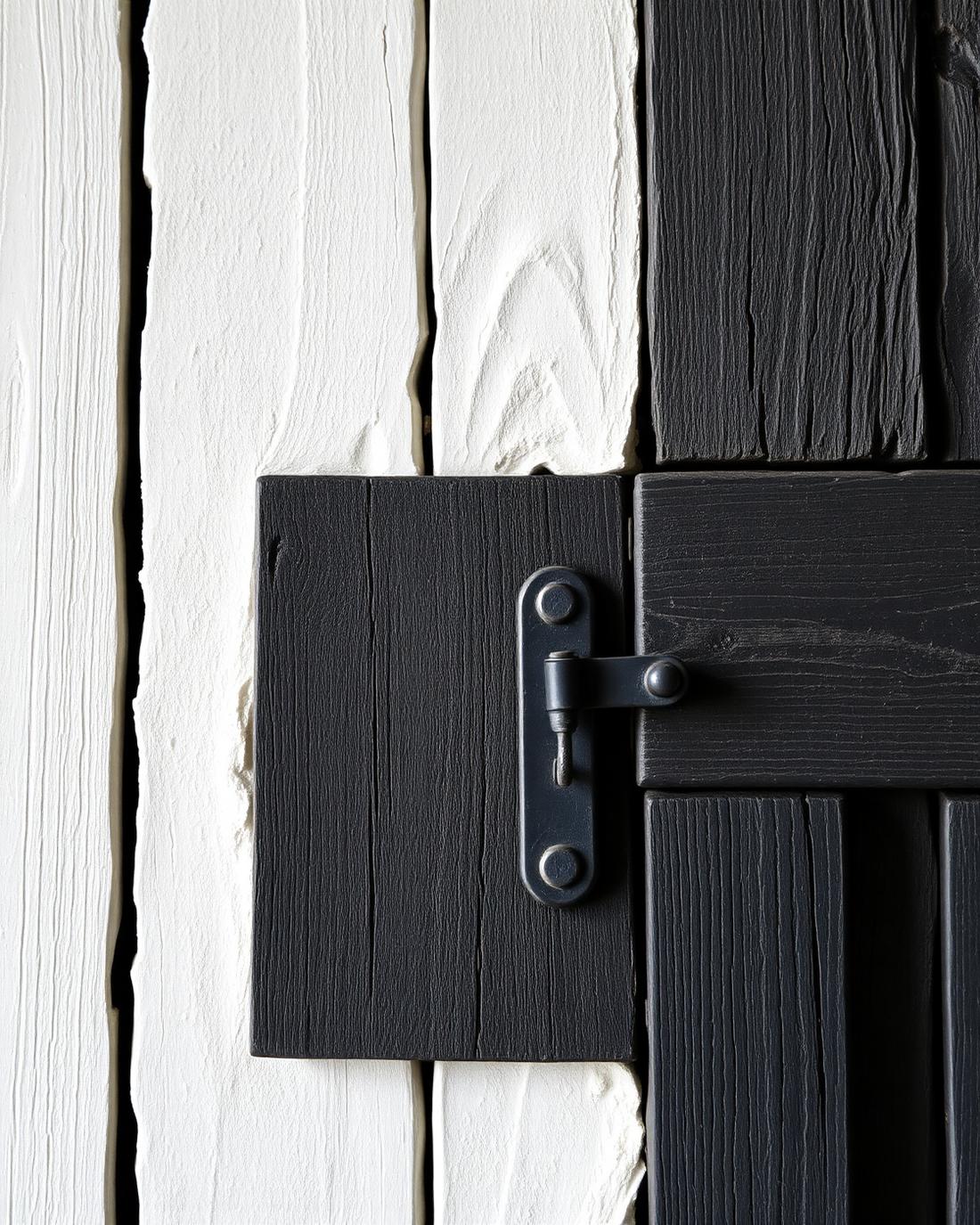 Detalje af sortmalet bindingsværk og kalket mur